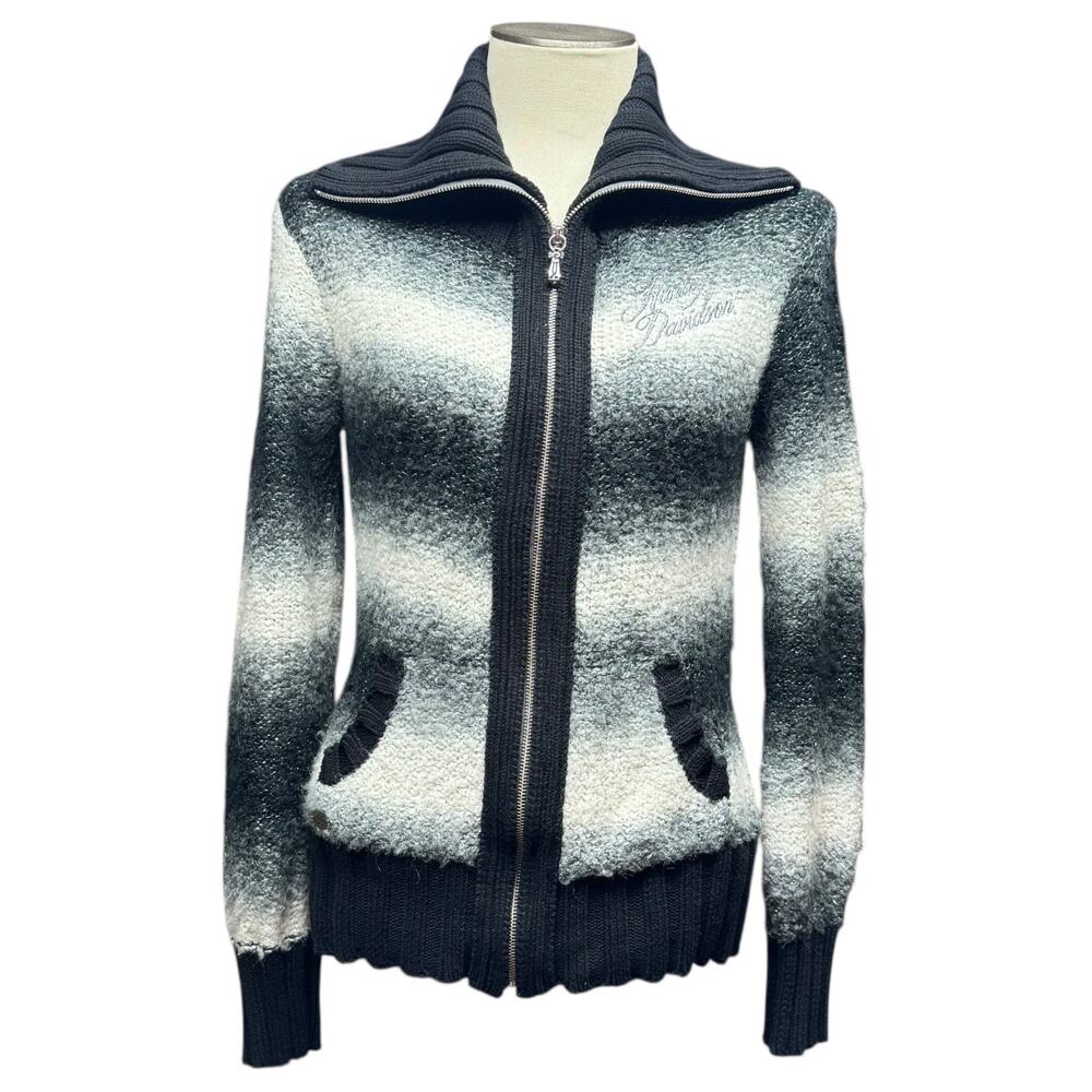Harley-Davidson Full Zip Shawl Neck Sweater Black Gray White Silver Medium